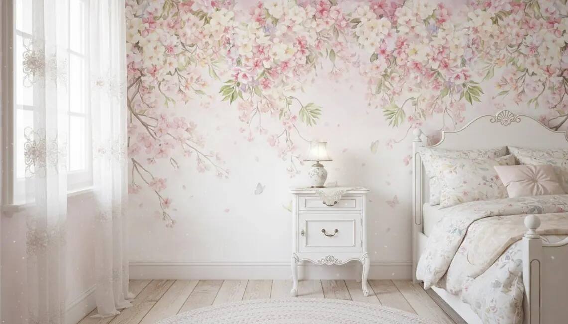 Watercolor Cherry Blossom Canopy Wall Mural Romantic Floral Wallpaper Nursery Decor Peel Stick