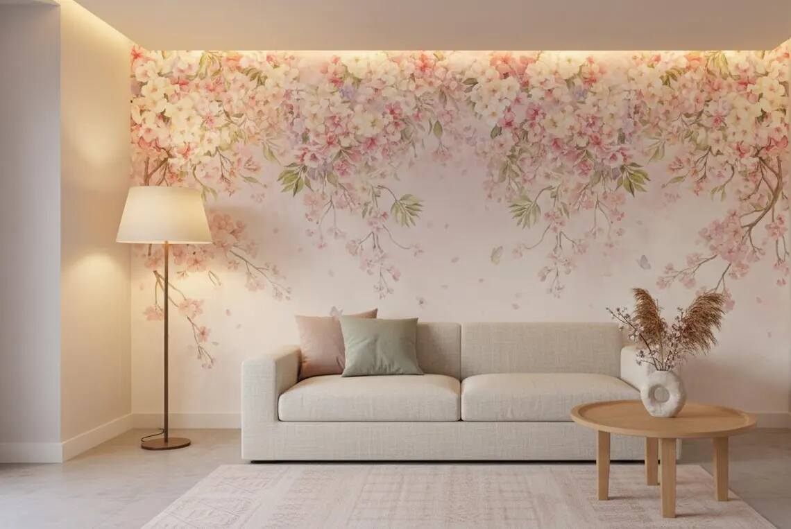Watercolor Cherry Blossom Canopy Wall Mural Romantic Floral Wallpaper Nursery Decor Peel Stick
