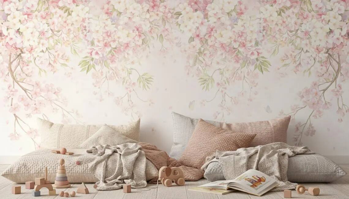 Watercolor Cherry Blossom Canopy Wall Mural Romantic Floral Wallpaper Nursery Decor Peel Stick