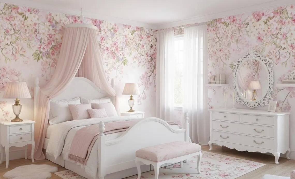 Watercolor Cherry Blossom Canopy Wall Mural Romantic Floral Wallpaper Nursery Decor Peel Stick