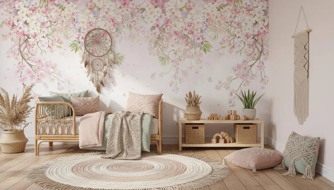 Watercolor Cherry Blossom Canopy Wall Mural Romantic Floral Wallpaper Nursery Decor Peel Stick