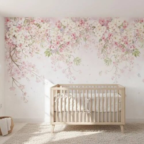 Watercolor Cherry Blossom Canopy Wall Mural Romantic Floral Wallpaper Nursery Decor Peel Stick