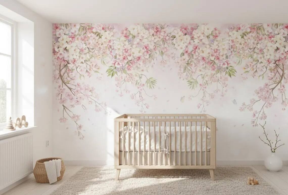 Watercolor Cherry Blossom Canopy Wall Mural Romantic Floral Wallpaper Nursery Decor Peel Stick