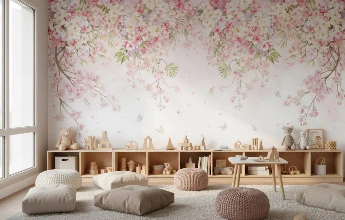 Watercolor Cherry Blossom Canopy Wall Mural Romantic Floral Wallpaper Nursery Decor Peel Stick