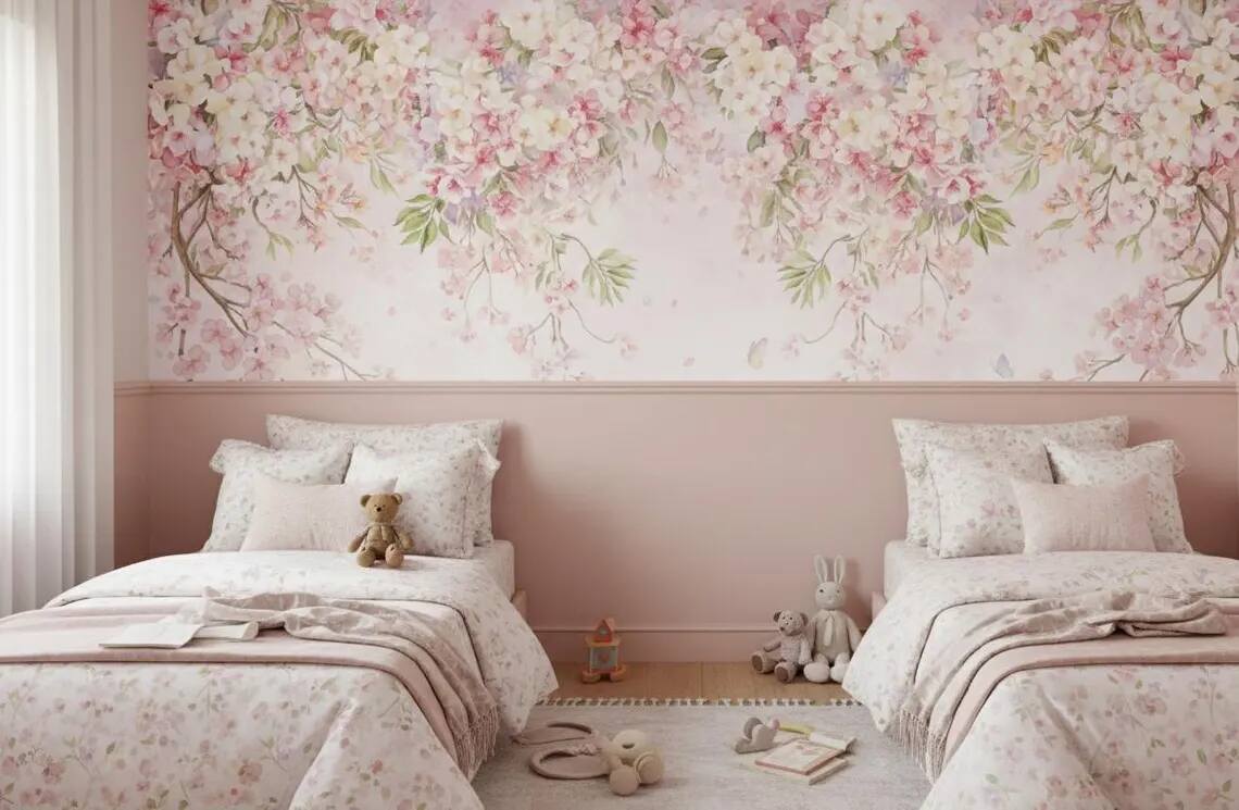 Watercolor Cherry Blossom Canopy Wall Mural Romantic Floral Wallpaper Nursery Decor Peel Stick