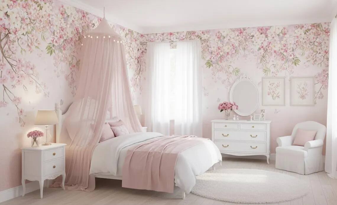 Watercolor Cherry Blossom Canopy Wall Mural Romantic Floral Wallpaper Nursery Decor Peel Stick