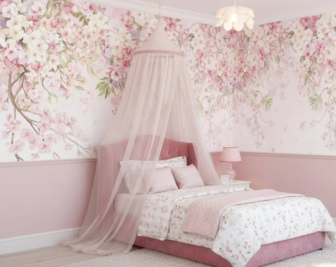 Watercolor Cherry Blossom Canopy Wall Mural Romantic Floral Wallpaper Nursery Decor Peel Stick
