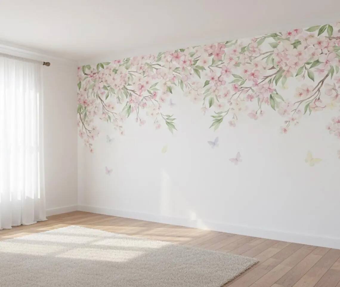 Watercolor Cherry Blossom Wallpaper Pink Floral Canopy Peel And Stick Mural