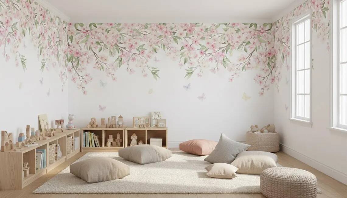 Watercolor Cherry Blossom Wallpaper Pink Floral Canopy Peel And Stick Mural