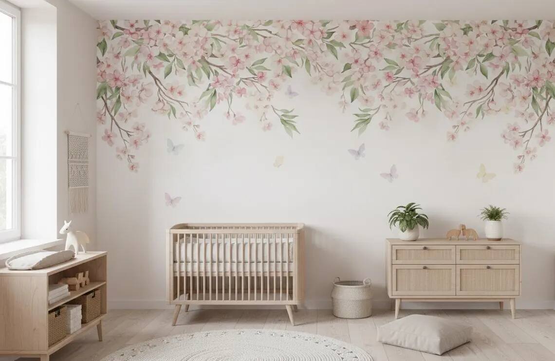 Watercolor Cherry Blossom Wallpaper Pink Floral Canopy Peel And Stick Mural