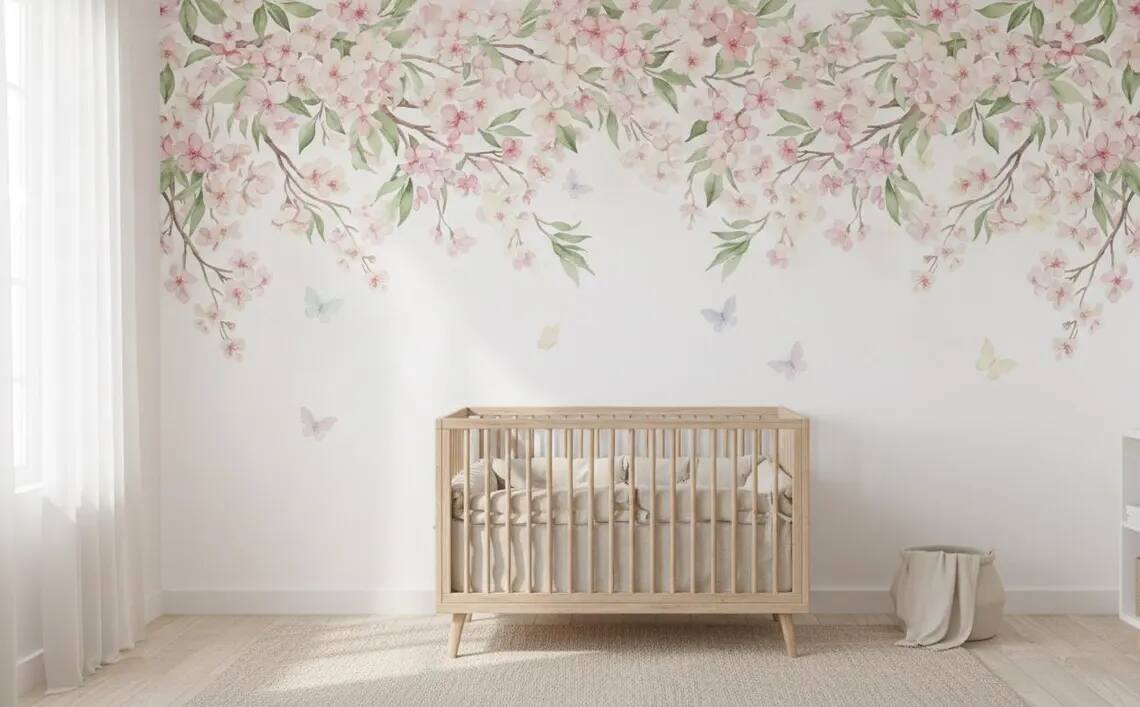 Watercolor Cherry Blossom Wallpaper Pink Floral Canopy Peel And Stick Mural
