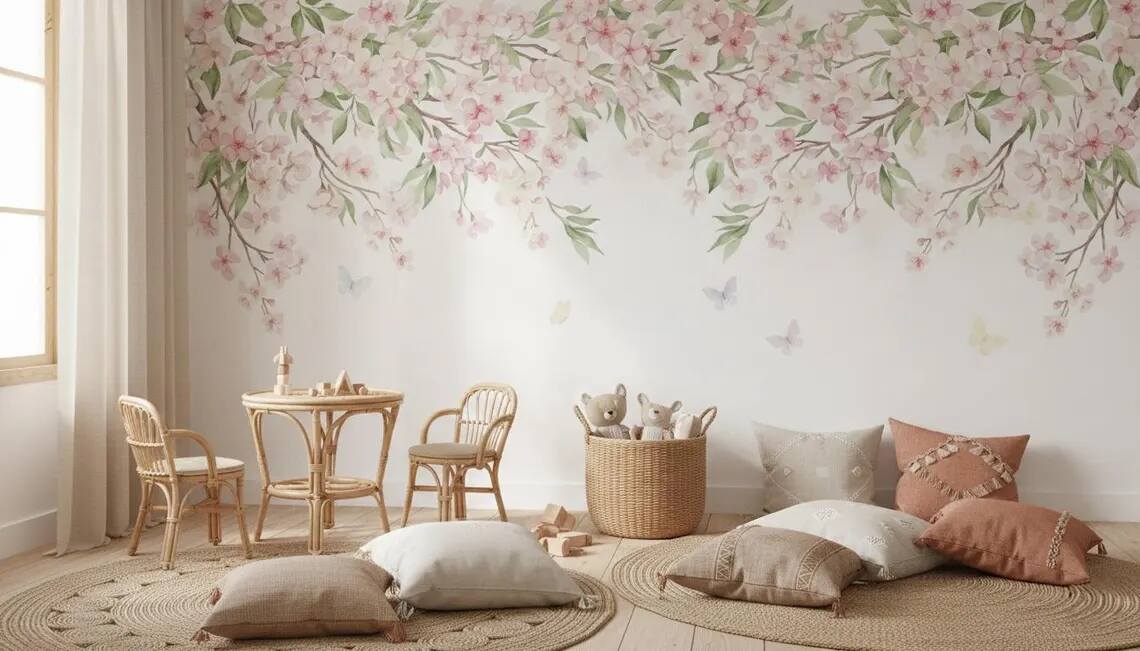 Watercolor Cherry Blossom Wallpaper Pink Floral Canopy Peel And Stick Mural