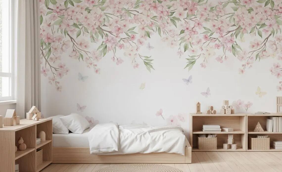 Watercolor Cherry Blossom Wallpaper Pink Floral Canopy Peel And Stick Mural