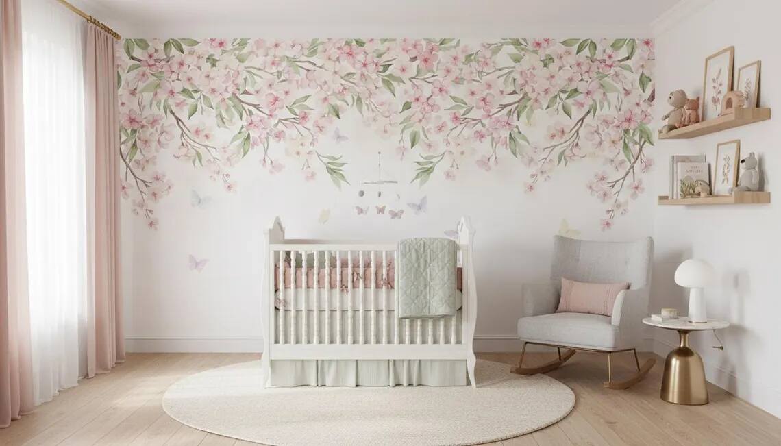 Watercolor Cherry Blossom Wallpaper Pink Floral Canopy Peel And Stick Mural