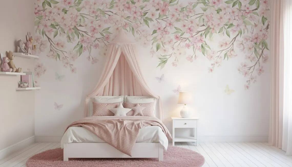 Watercolor Cherry Blossom Wallpaper Pink Floral Canopy Peel And Stick Mural