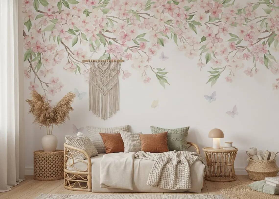 Watercolor Cherry Blossom Wallpaper Pink Floral Canopy Peel And Stick Mural