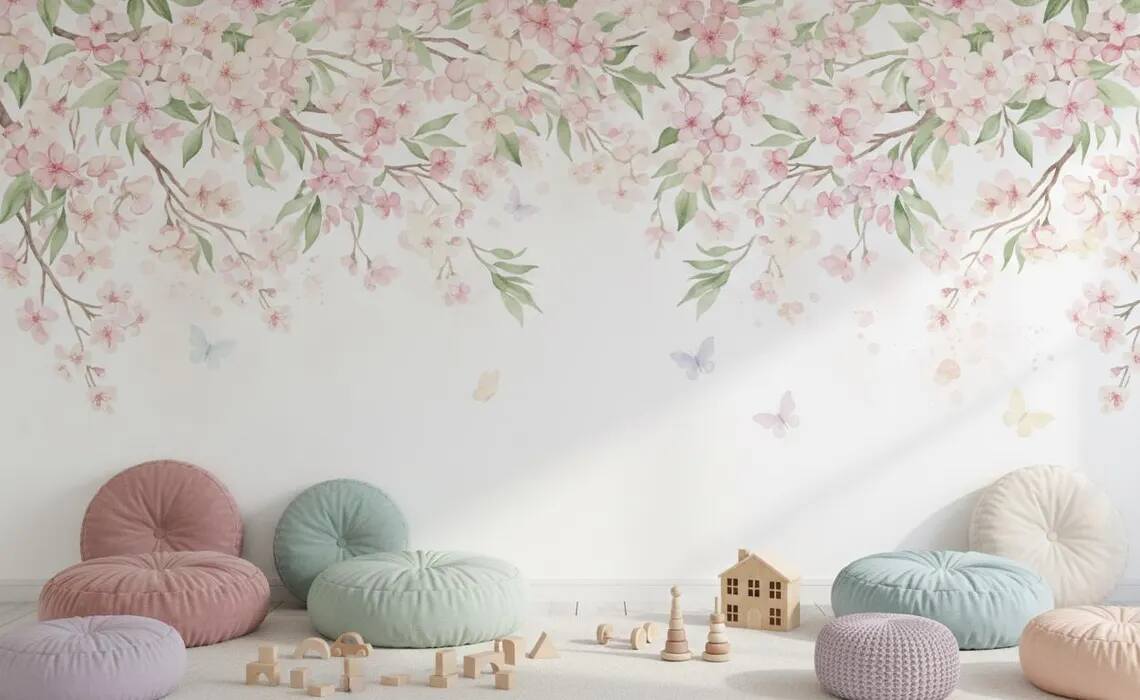 Watercolor Cherry Blossom Wallpaper Pink Floral Canopy Peel And Stick Mural