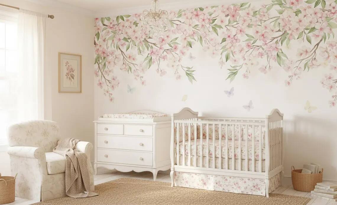 Watercolor Cherry Blossom Wallpaper Pink Floral Canopy Peel And Stick Mural