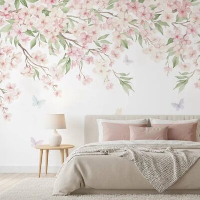 Watercolor Cherry Blossom Wallpaper Pink Floral Canopy Peel And Stick Mural