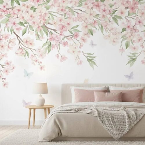 Watercolor Cherry Blossom Wallpaper Pink Floral Canopy Peel And Stick Mural