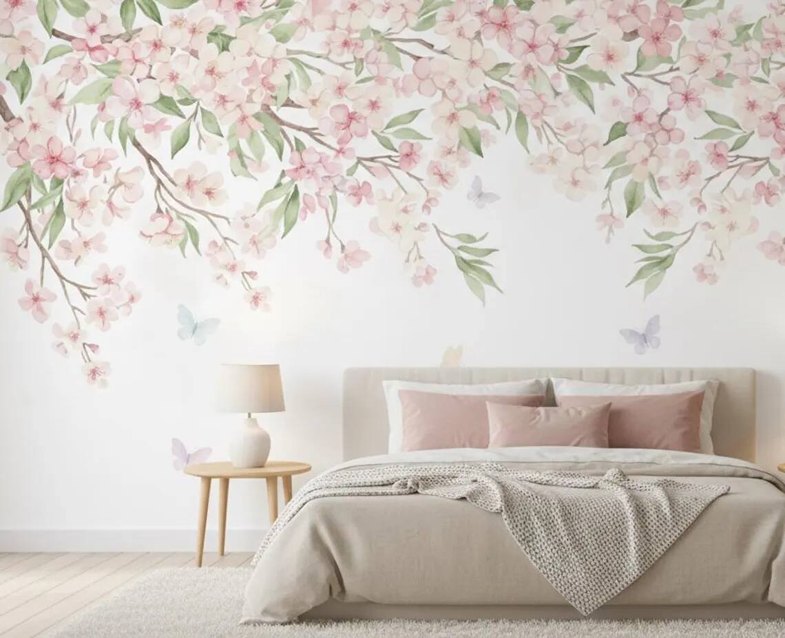 Watercolor Cherry Blossom Wallpaper Pink Floral Canopy Peel And Stick Mural