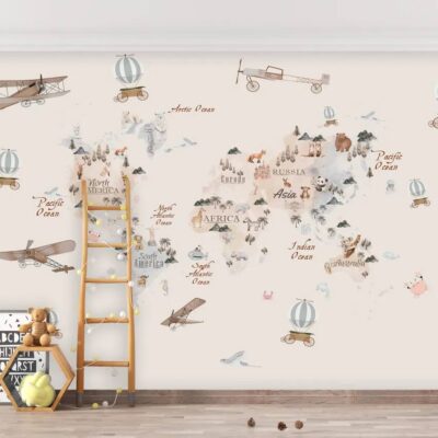Watercolor Childrens World Map Wallpaper Airplanes And Hot Air Balloons Over Countries With Cute Animals Self Adhesive Mural