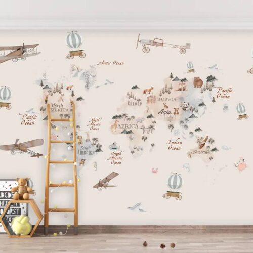 Watercolor Childrens World Map Wallpaper Airplanes And Hot Air Balloons Over Countries With Cute Animals Self Adhesive Mural