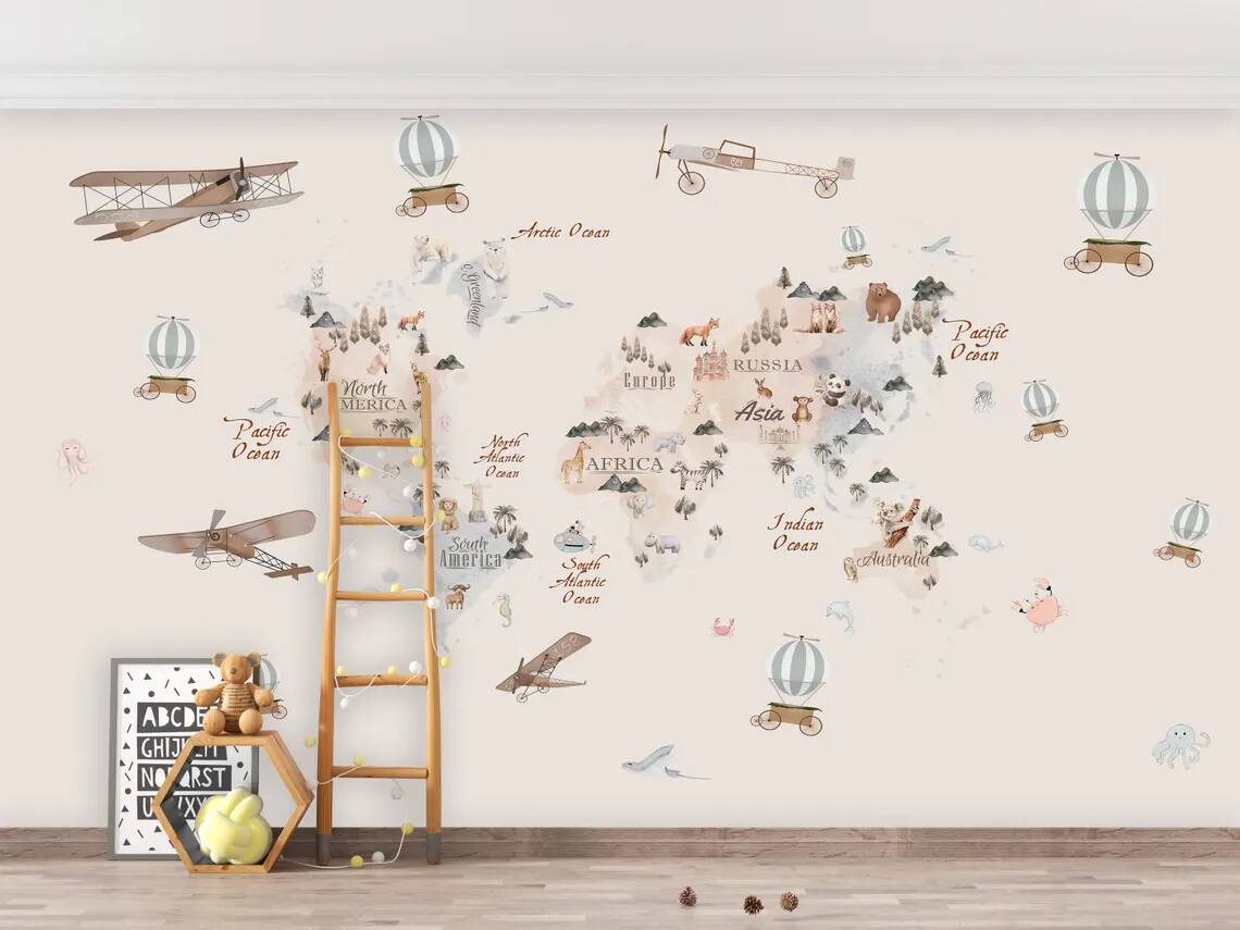 Watercolor Childrens World Map Wallpaper Airplanes And Hot Air Balloons Over Countries With Cute Animals Self Adhesive Mural