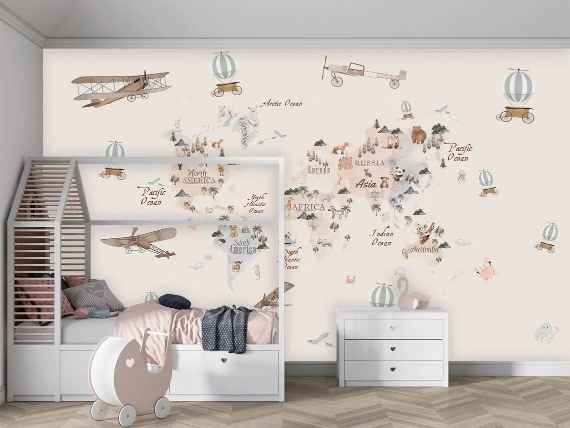 Watercolor Childrens World Map Wallpaper Airplanes And Hot Air Balloons Over Countries With Cute Animals Self Adhesive Mural
