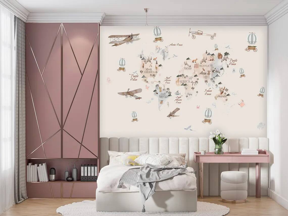 Watercolor Childrens World Map Wallpaper Airplanes And Hot Air Balloons Over Countries With Cute Animals Self Adhesive Mural