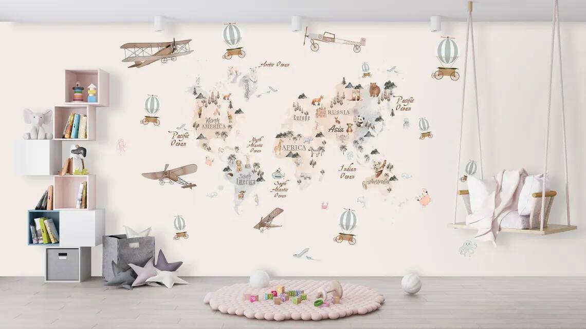 Watercolor Childrens World Map Wallpaper Airplanes And Hot Air Balloons Over Countries With Cute Animals Self Adhesive Mural