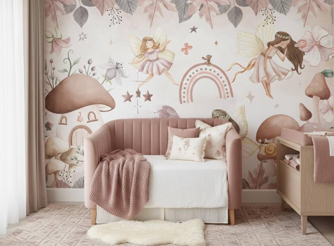 Watercolor Fairy Wall Mural Mushroom Nursery Decor Boho Peel And Stick