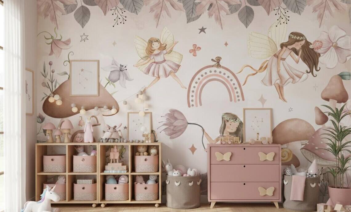 Watercolor Fairy Wall Mural Mushroom Nursery Decor Boho Peel And Stick