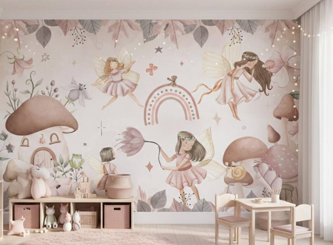 Watercolor Fairy Wall Mural Mushroom Nursery Decor Boho Peel And Stick