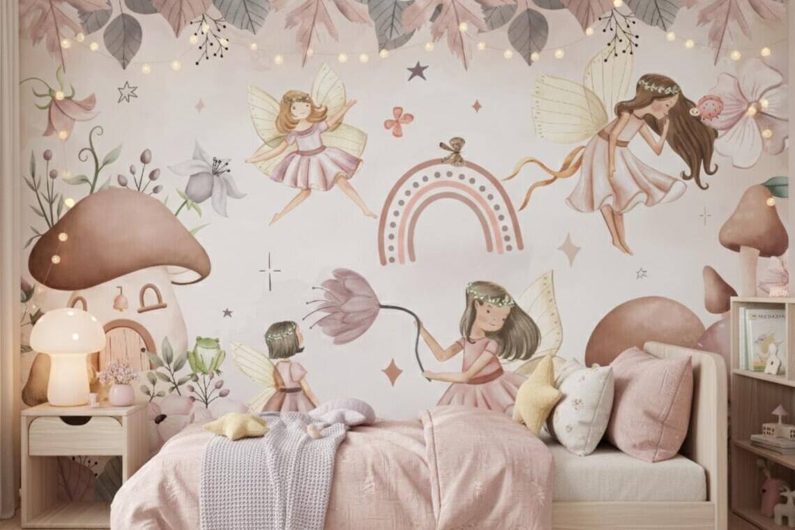 Watercolor Fairy Wall Mural Mushroom Nursery Decor Boho Peel And Stick