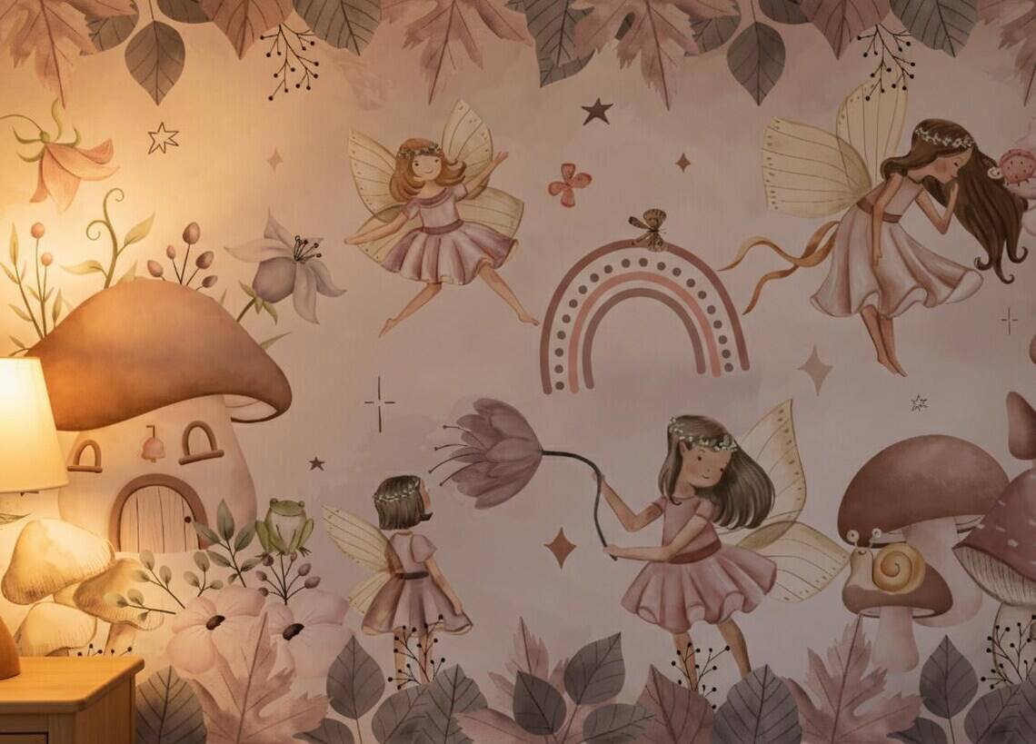 Watercolor Fairy Wall Mural Mushroom Nursery Decor Boho Peel And Stick