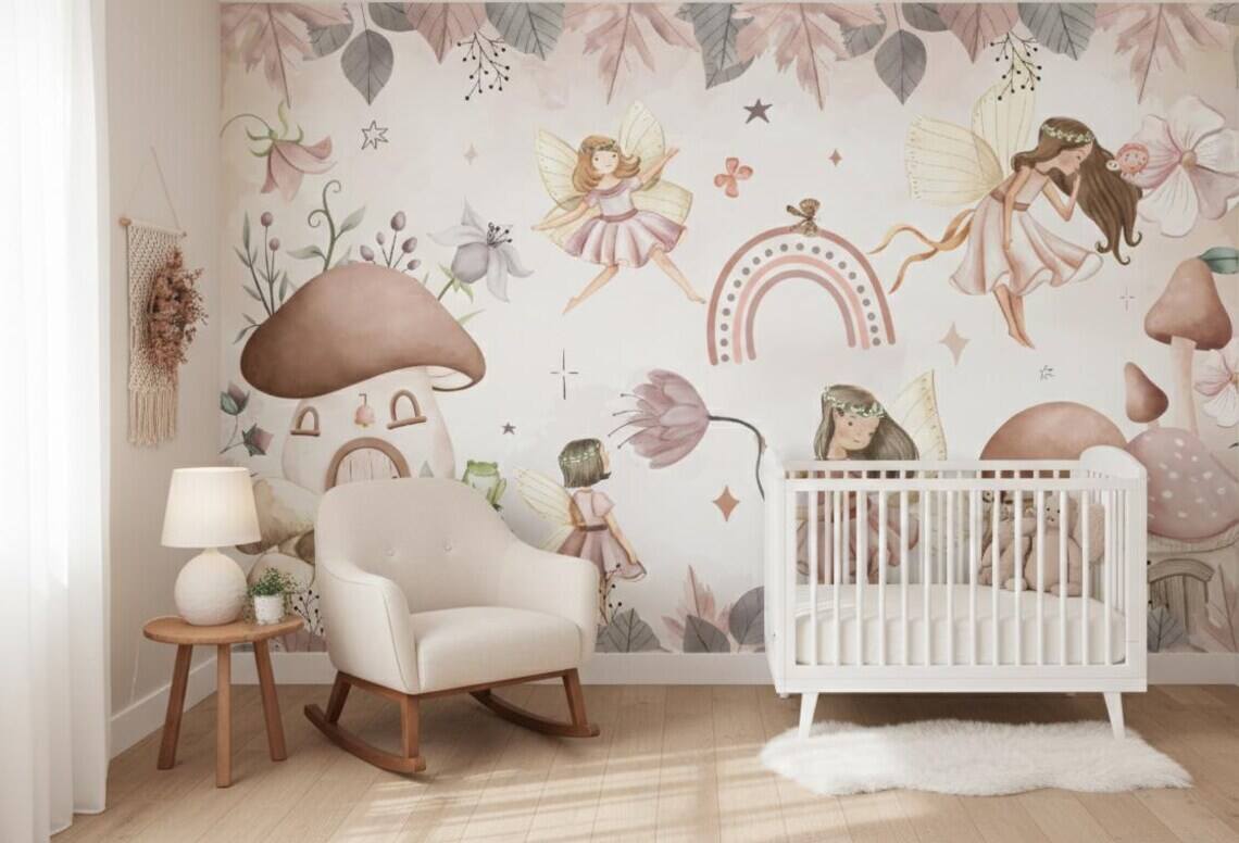Watercolor Fairy Wall Mural Mushroom Nursery Decor Boho Peel And Stick