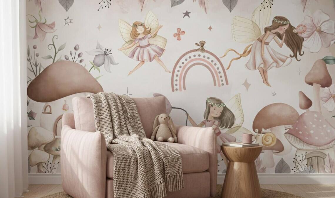 Watercolor Fairy Wall Mural Mushroom Nursery Decor Boho Peel And Stick
