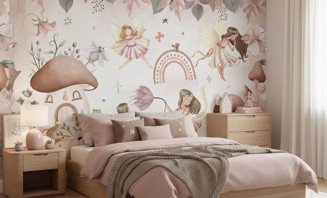 Watercolor Fairy Wall Mural Mushroom Nursery Decor Boho Peel And Stick