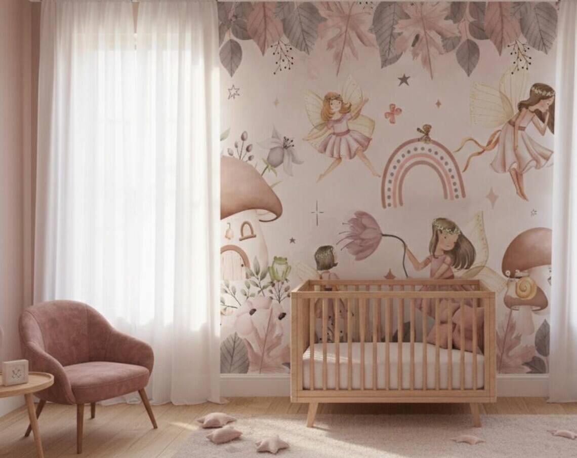 Watercolor Fairy Wall Mural Mushroom Nursery Decor Boho Peel And Stick