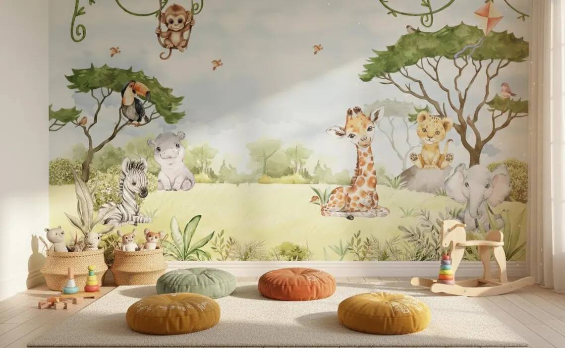Watercolor Jungle Animals Wallpaper Mural Peel And Stick Nursery Decor