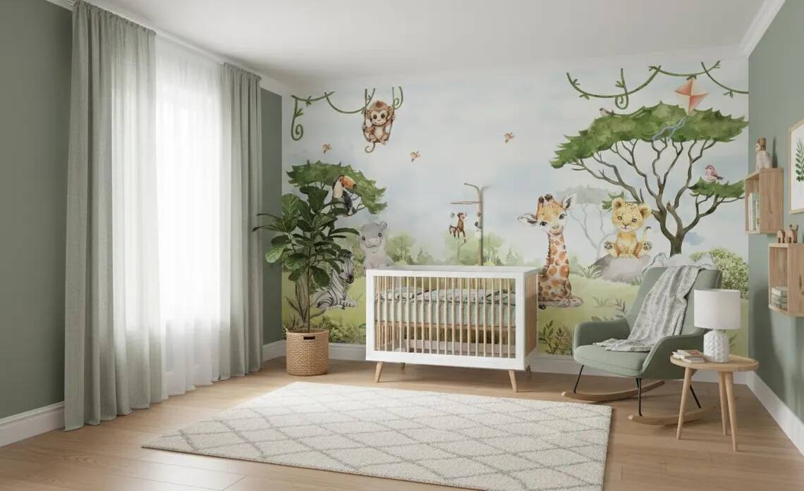 Watercolor Jungle Animals Wallpaper Mural Peel And Stick Nursery Decor