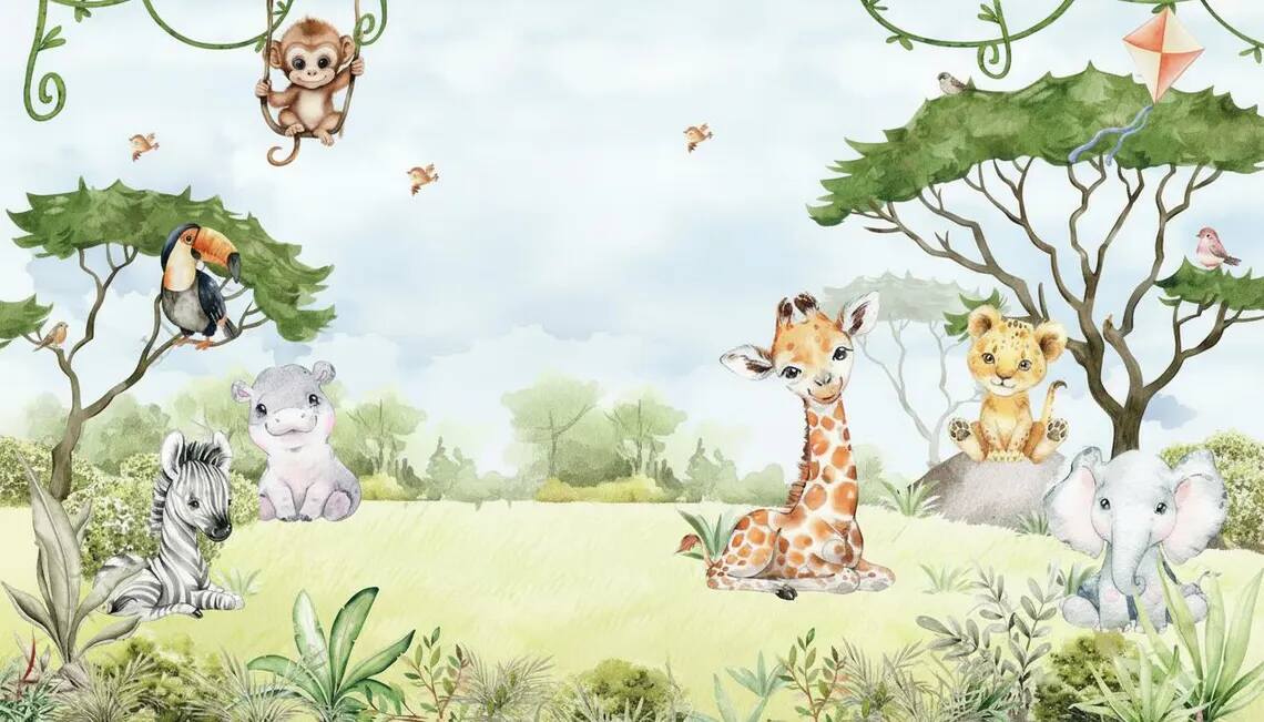 Watercolor Jungle Animals Wallpaper Mural Peel And Stick Nursery Decor