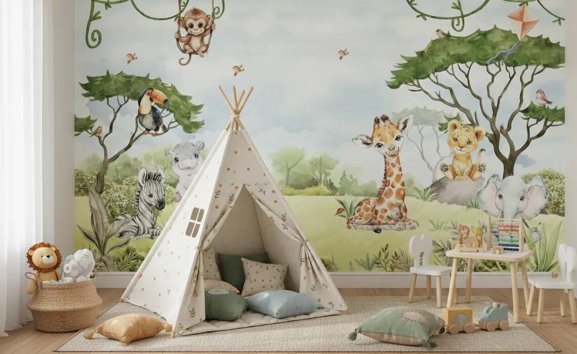 Watercolor Jungle Animals Wallpaper Mural Peel And Stick Nursery Decor