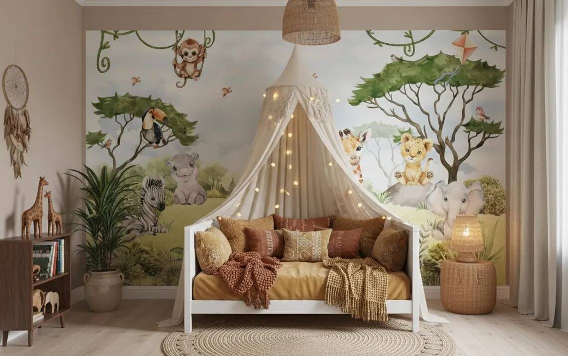 Watercolor Jungle Animals Wallpaper Mural Peel And Stick Nursery Decor