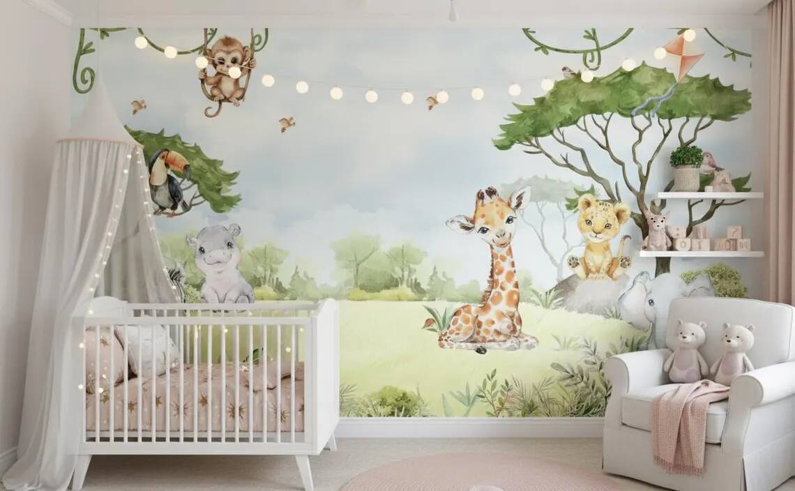 Watercolor Jungle Animals Wallpaper Mural Peel And Stick Nursery Decor