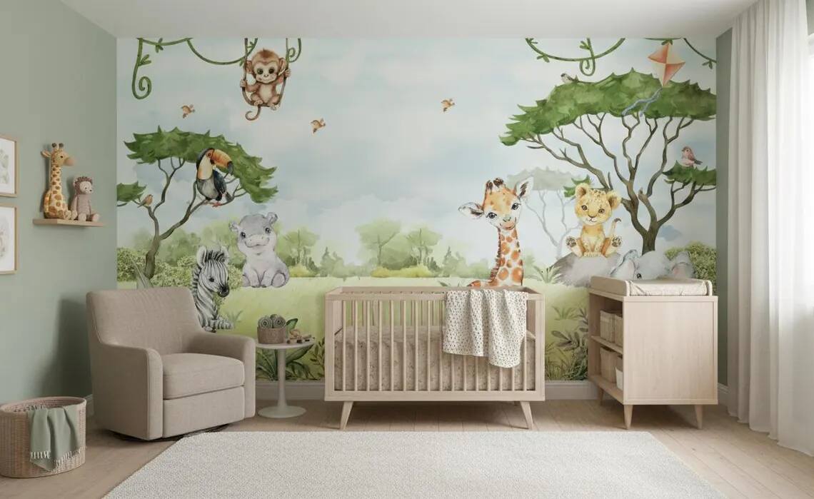 Watercolor Jungle Animals Wallpaper Mural Peel And Stick Nursery Decor