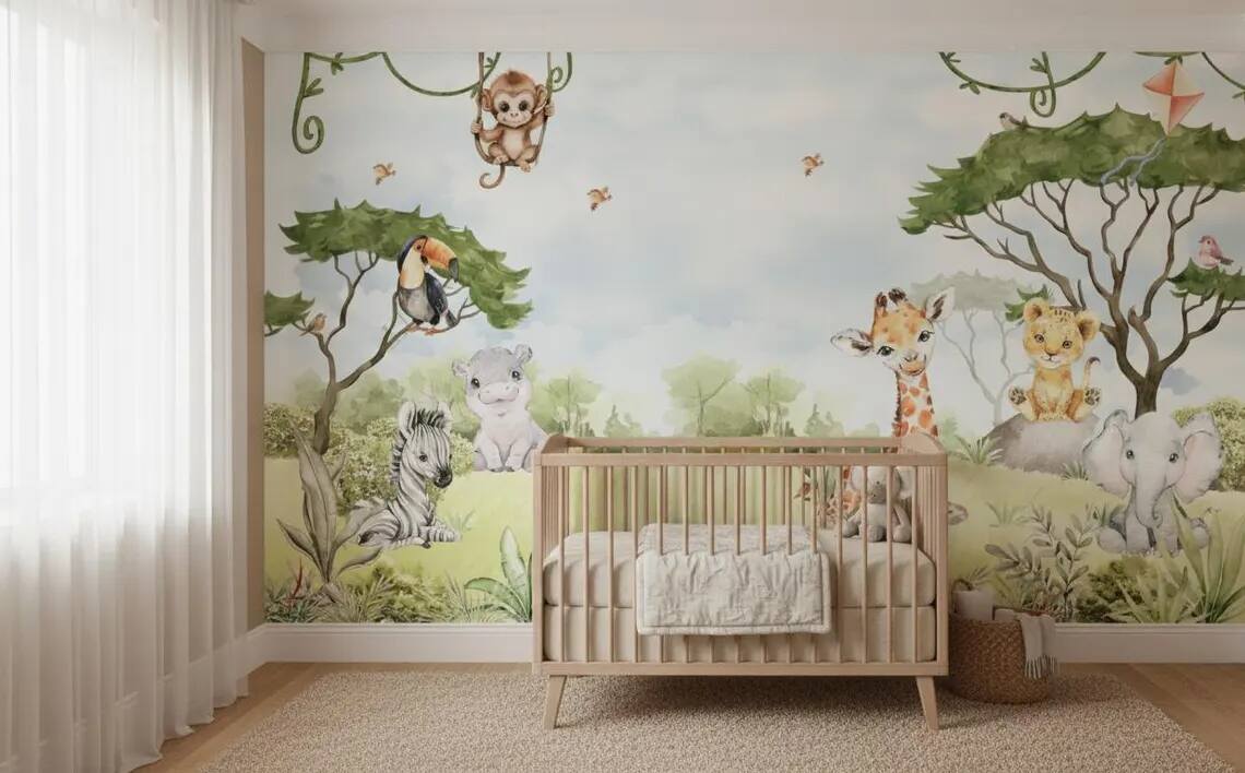 Watercolor Jungle Animals Wallpaper Mural Peel And Stick Nursery Decor