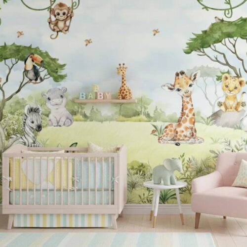 Watercolor Jungle Animals Wallpaper Mural Peel And Stick Nursery Decor