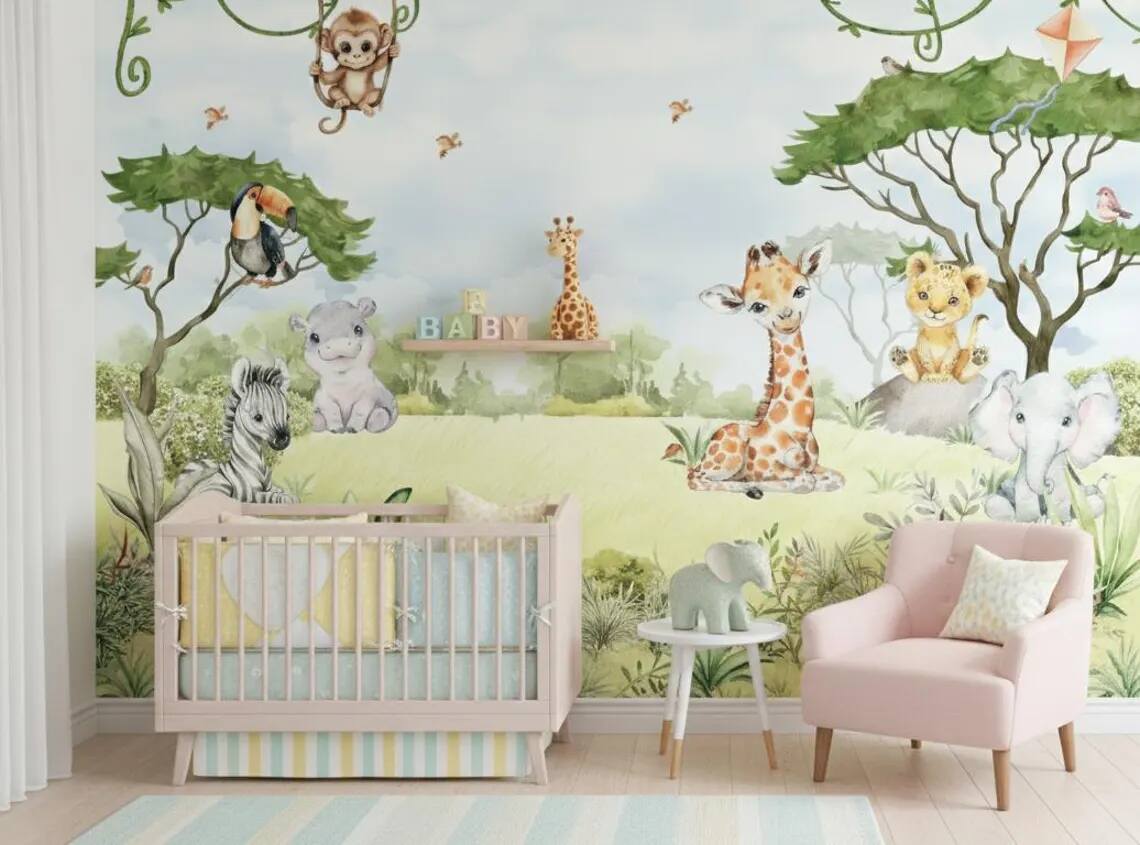 Watercolor Jungle Animals Wallpaper Mural Peel And Stick Nursery Decor